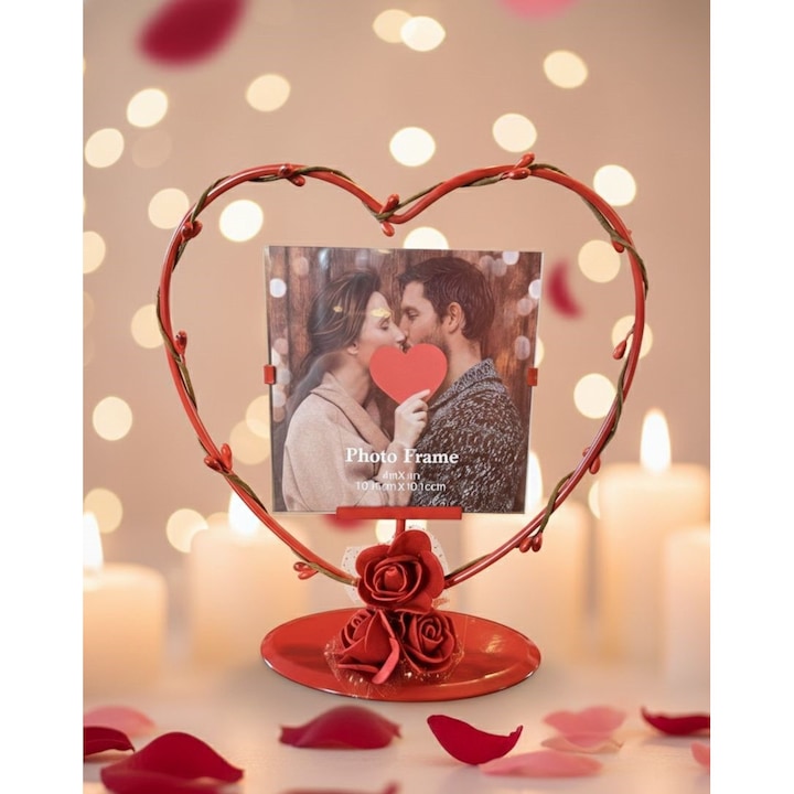 Rama Foto Metalica „Inima Pasiunii” – Suport in Forma de Inima cu Trandafiri si Detalii Artizanale, Cadou Elegant de Dragobete/8 Martie
