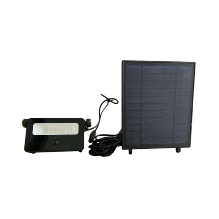 Proiector solar LED Hoff SFL11, 15 W, 1600 lm, lumina rece, negru, IP54, cu senzor de miscare, 135x110x30 mm, 20.000 ore autonomie