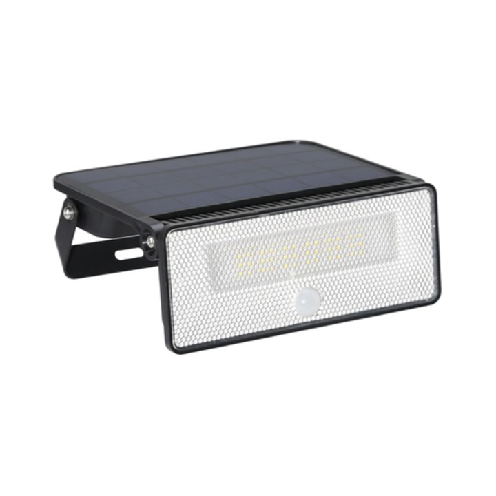 Proiector solar LED Hoff SFL09, 15 W, 1600 lm, lumina rece, negru, cu senzor de miscare, IP54, 183.6x139x28mm, 20.000 ore, autonomie 20 de ore