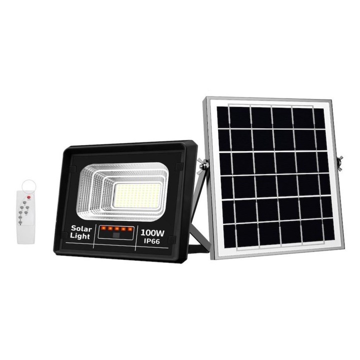 Proiector solar 100W, 108 LED SMD, negru, dimensiuni 254x229x80mm, telecomandă, IP66