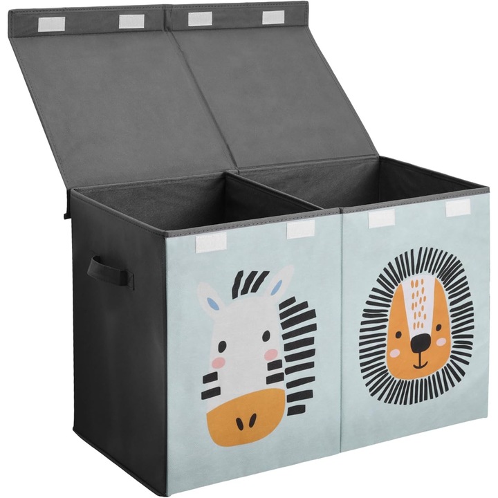 Cutie depozitare jucarii Navaris, 2 compartimente, cu capac, 62 x 33 x 40 cm, design Zebra si Leu, pliabila, Multicolor