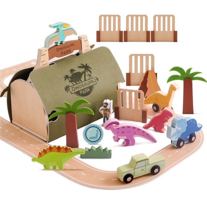 Set de joaca din lemn Montessori, Parcul Dinozaurilor "Dino Park", circuit auto, figurine dinozauri si accesorii, portabil cu geanta de transport, 3 ani+
