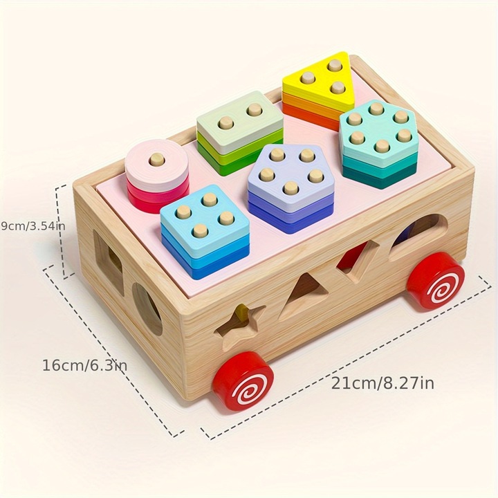 Jucarie educativa din lemn – autobuz cu sortator de forme