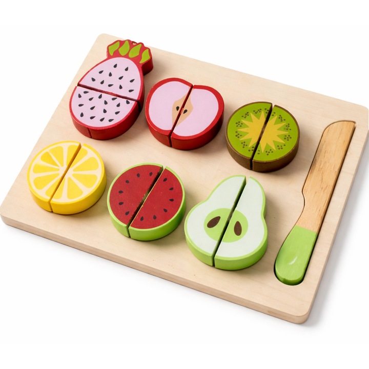 Set de joacă din lemn - Fructe de tăiat, dimensiuni 24.5x17.5x2cm, 12 luni+