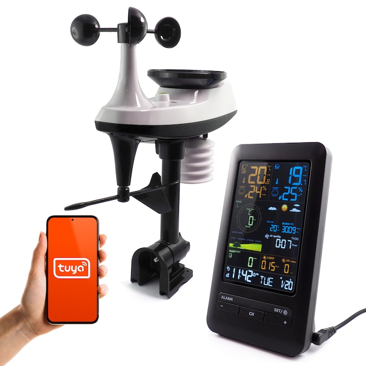 Statie Meteo Inteligenta Wi-Fi, GOMEDIA, Senzor Exterior 5-in-1, Monitorizare Temperatura si Umiditate, 149x85x45mm