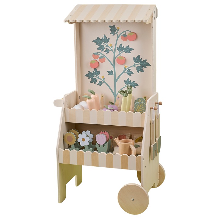 Carucior de gradinarit cu accesorii, JaBaDaBaDo, lemn, set 27 piese, 44x29x76cm