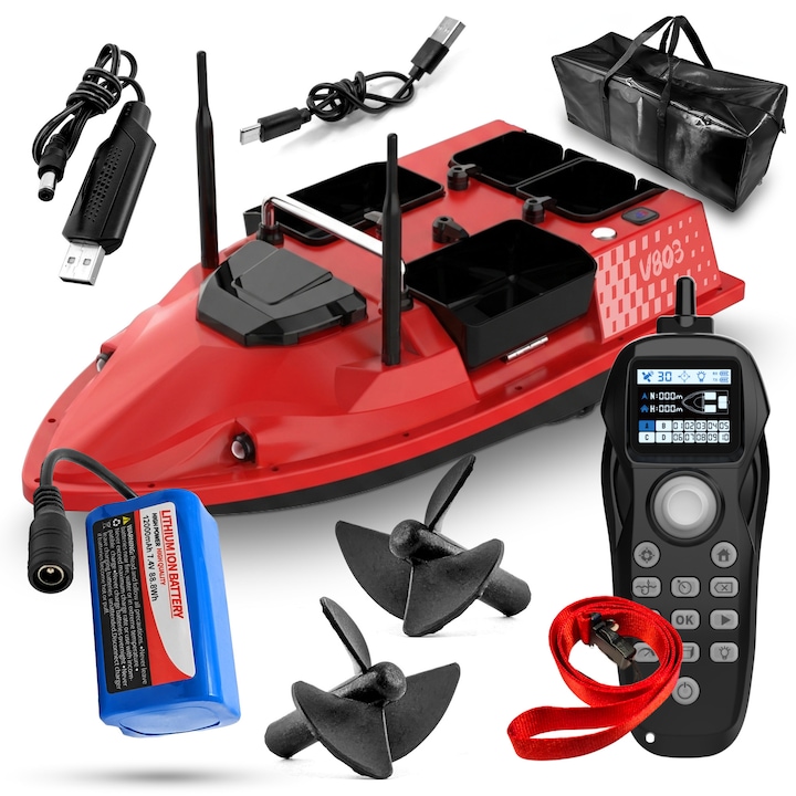 Barca de nadire inteligenta GOMEDIA V803 pentru pescuit la crap, 4 cuve nada 3kg, telecomanda 500m, viteza 15km/h, functie autopilot, lumini LED, baterie 12000mAh