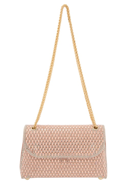 Joella női táska, arany, egy méret, gyöngyös részletekkel és fémes szíjjal