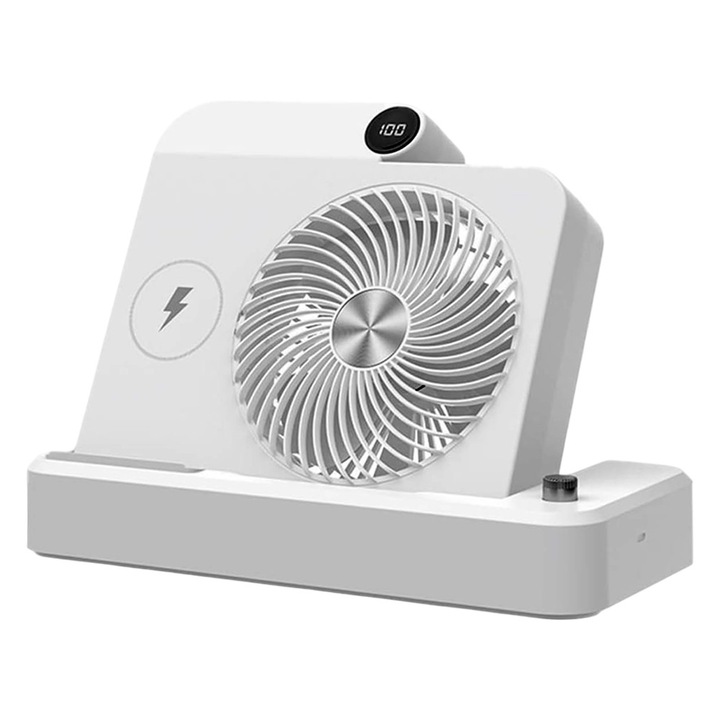 Ventilator 2in1, 100 Trepte de Viteza, 2400mAh, Incarcare Wireless pentru Telefon, 25 x 16.5 x 24 cm, Alb