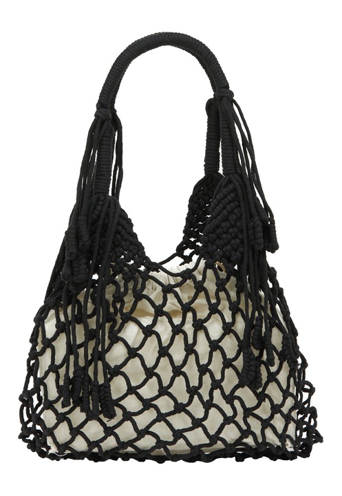 Geanta dama Joella, neagra, dimensiune unica, design cu plasa, cu franjuri.