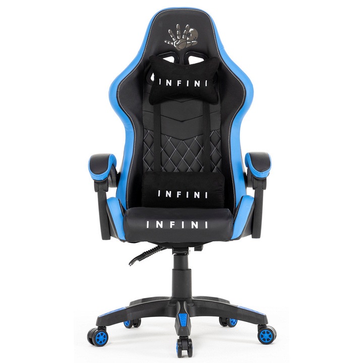 Геймърски стол Luka Infini Five, черен/светлосин, с ергономична опора, въртене на 360°, комплект с 2 възглавници