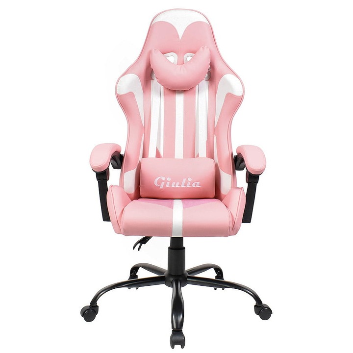 Геймърски стол Luka Giulia, бяло-розов, 50x50см, височина 40-50см, комплект с 2 регулируеми възглавници