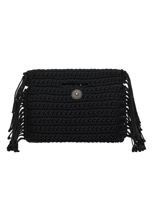 Geanta dama Joella, neagra, dimensiune unica, textura impletita, cu franjuri