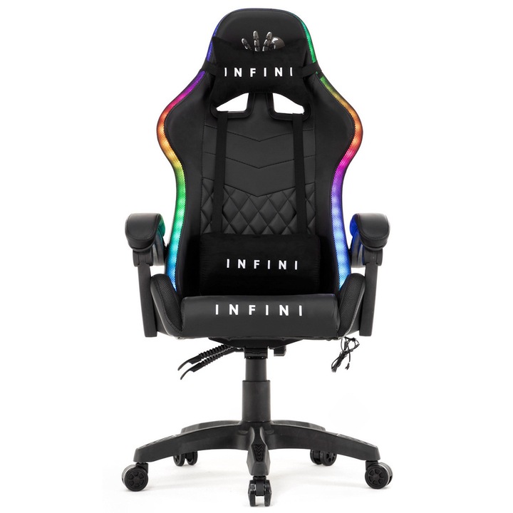 Геймърски стол INFINI RGB LED, черен с червени акценти, регулируем, с опора за гърба и врата