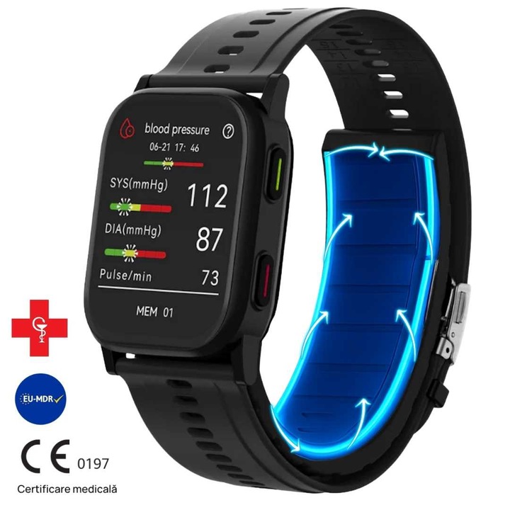 Smartwatch Lumaudio Medicalis, monitorizare tensiune arterială, monitorizare sănătate avansată, negru, 46.5x39x13.8mm