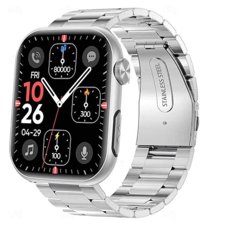 Smartwatch Lumaudio SANOTRAK Optix, argintiu, curea metalica, ecran AMOLED 1.97 inch, monitorizare avansata a sanatatii