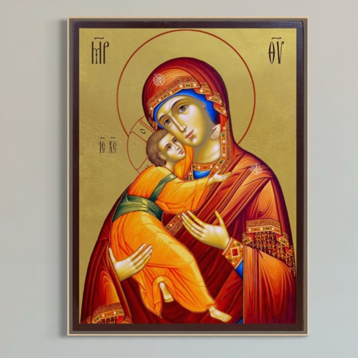 Tablou Canvas Premium, LuxCanva® H1064, Doar Sasiu Lemn, Maica Domnului Milostiva cu Pruncul, 90 X 120 CM, Panza Bumbac 100% 400g/m2, Sasiu, Lemn, Icoana, Puritate, Har, Ajutor, Sprijin, Speranta, Mantuire, Mangaiere, Ortodoxie, Fecioara, Living, Dormitor