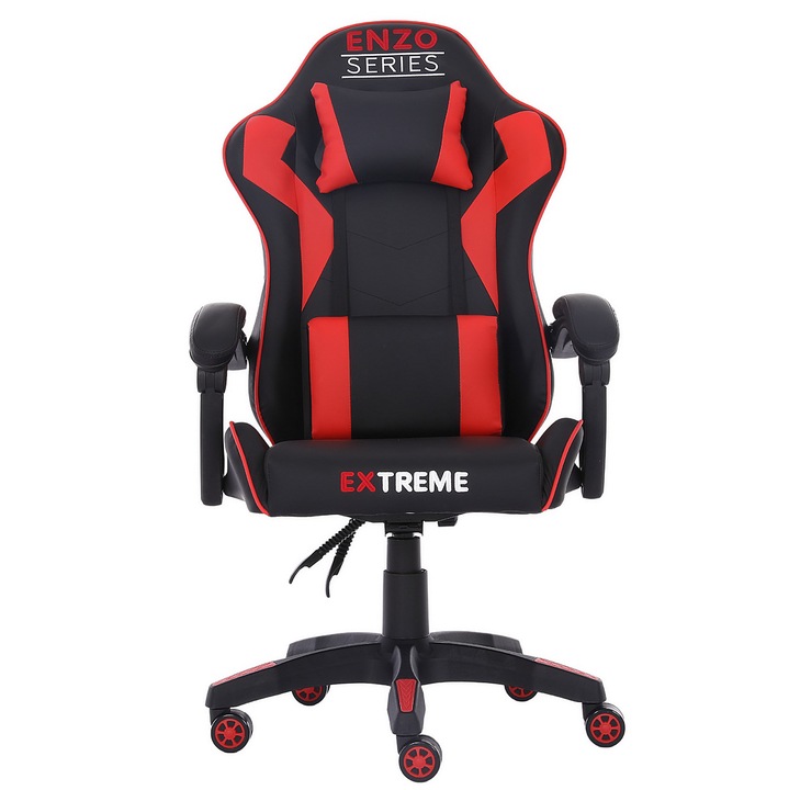 Fotel Gaming Luka ENZO, ergonomic, cu reglare continua, negru-rosu, 121x63x51x48cm, set cu 2 perne reglabile