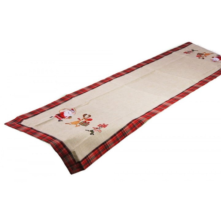 Obrus festiv, Kufer, cu broderie Mos Craciun, ren si elf, bej, 60x120cm