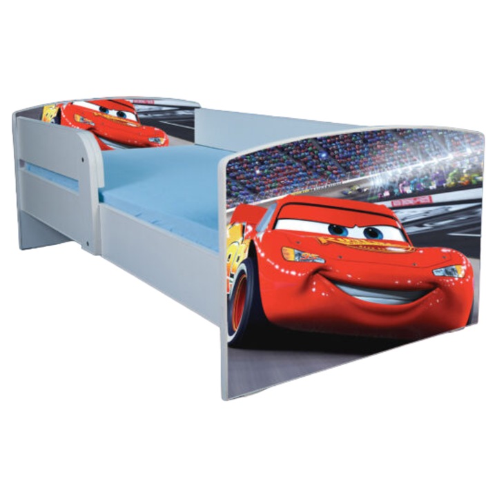 Pat copii Cars, alb, 140x70 cm, cu saltea Safe Nest 6 cm, cu protectie