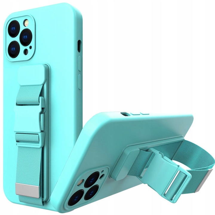 Hurtel Rope Case telefontok zsinórral, ultrakompakt, légzsák védelemmel, világoskék, iPhone 13 Pro-hoz