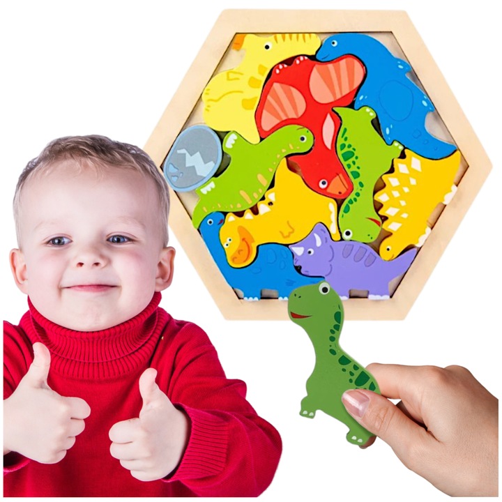Дървен пъзел с динозаври, комплект от 10 части, 18,5x16,5см, многоцветен