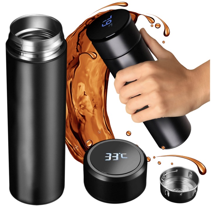 Termos JDS cu display LED, 500ml, design elegant, negru