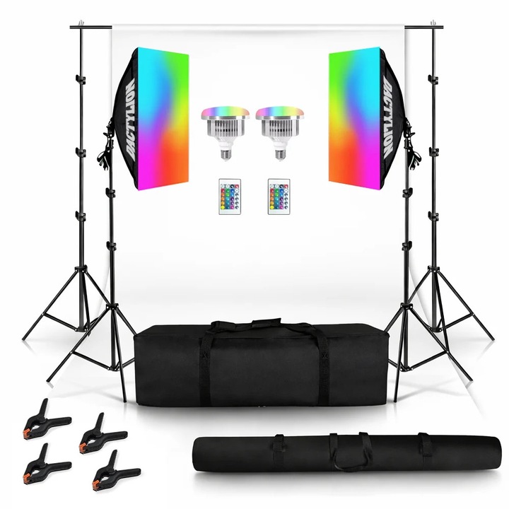 Kit studio foto video iluminare LED RGB 45W, profesional 2 softbox, fundal alb, clame pentru panza, geanta transport, telecomanda inclusa, social media si creatori de content, livestream, Dactylion®