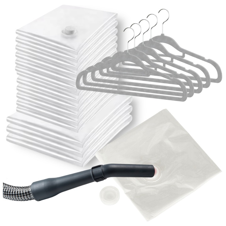 Set 15 saci de vid pentru depozitare, JDS, 12 saci 40x60cm, 3 saci 50x70cm, 5 umerase gri