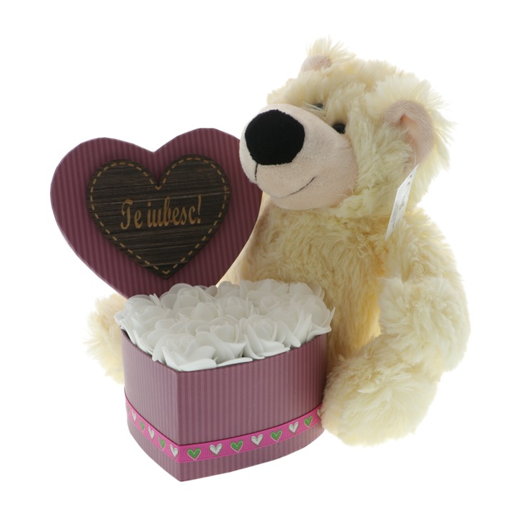 Set cadou cu trandafiri albi de spuma și ursuleț de plus crem, cutie mov în formă de inimă, 20 cm