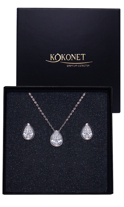 Set de bijuterii de nunta cercei colier lacrima set argintiu, set de bijuterii argintii elegante clasice cu lacrima efect wow