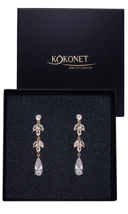 Cercei lungi aurii cu frunzulite zirconii cercei de nunta eleganti, cercei atarnatori aurii frunze lacrima stift eleganti de nunta