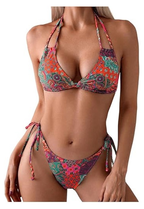 Costum de baie dama GORGLITTER, 2 piese, snur reglabil, model boho, multicolor, Multicolor