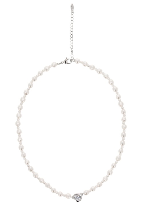 Colier dama Joella, cu pandantiv in forma de inima, din perle, cupru, argintiu/alb