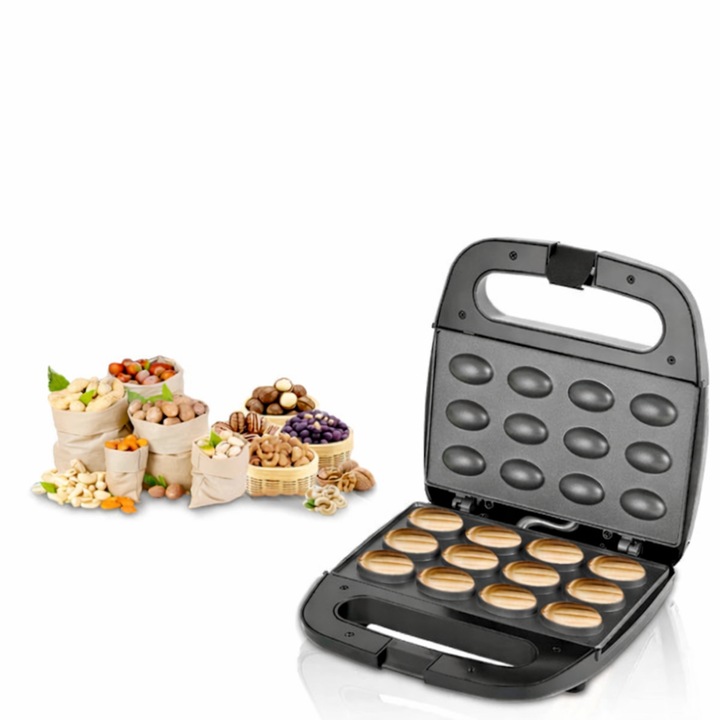 Aparat pentru preparat forme de nuci, 750W, capacitate 12 bucati, placa dubla incalzire, indicator luminos, suprafata antiaderenta, protectie supraincalzire, negru/argintiu