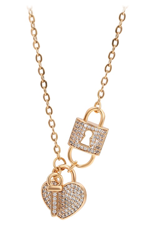 Colier dama, Joella, cu pandantiv in forma de inima, cu cristale, aurie, one size