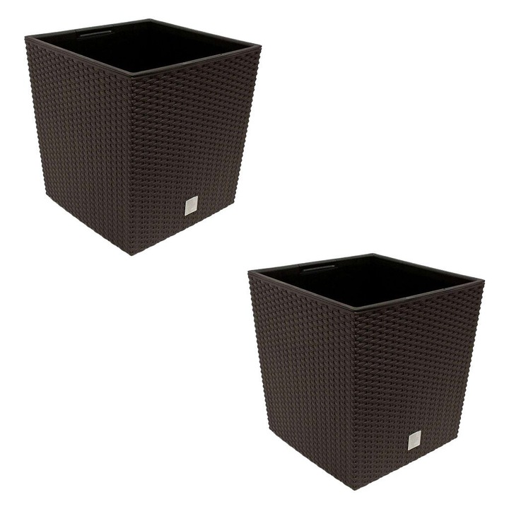 Set 2 ghivece de flori, Rato Low, imitatie ratan, patrate, 40x40x40.8 cm, maro, Prosperplast