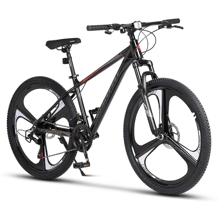 Bicicleta MTB cu Roti Magneziu de 27 "5", echipare Shimano/Carpat, 21 Viteze, Manete Secventiale, negru/gri/rosu, Mountain Bike Carpat Evolution Genius cu Frane Disc, cabluri integrate si cadru aluminiu