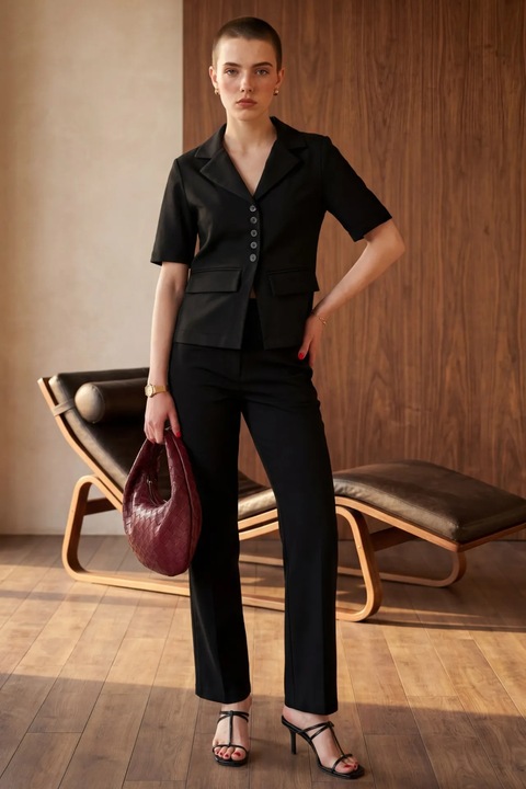 Costum dama, doua piese, MyFashion, jacheta cu maneca scurta, pantaloni cu nasturi, negru, textil