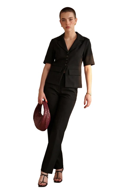 Costum din doua piese, MyFashion, jacheta cu maneca scurta si pantaloni cu nasturi, negru