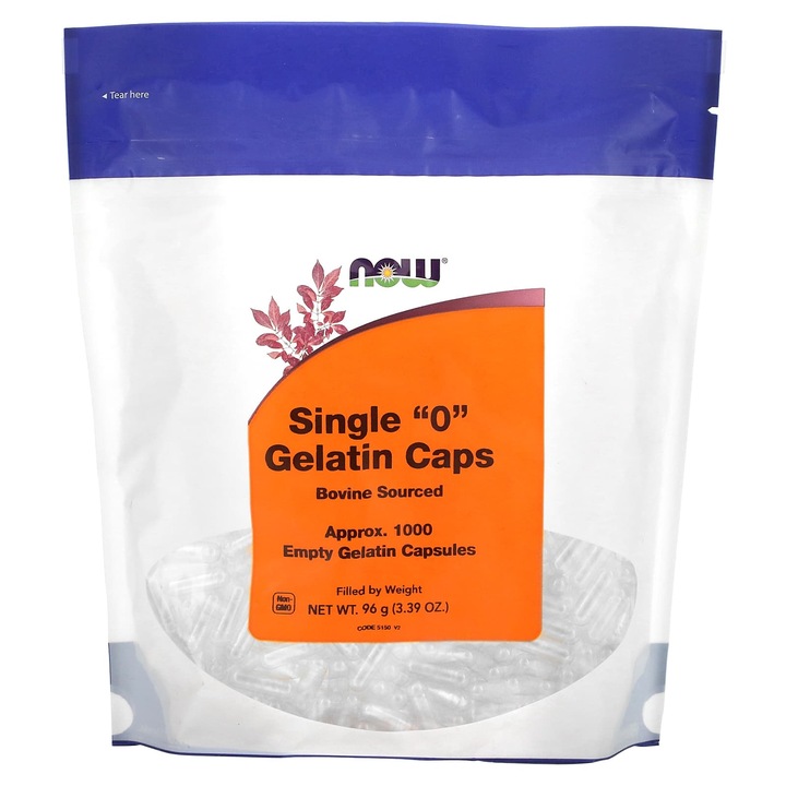 Capsule gelatinoase "0", set de 1000 capsule, NOW Foods, 96 g