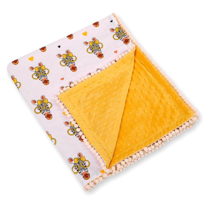 Одеяло с помпони Bobono, двулицев модел, жълто със зебри, 90x75см
