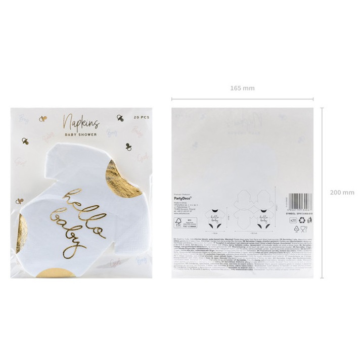 Комплект салфетки Partydeco Hello Baby, 32,5x31,5см, 20 броя, бял/златист