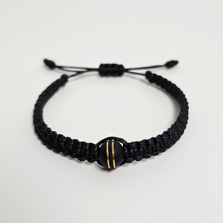 Bratara Macrame Cu Bila Din Silicon Negru Si Insertii Aurii, LuckyLu®, Ajustabila, Neagru