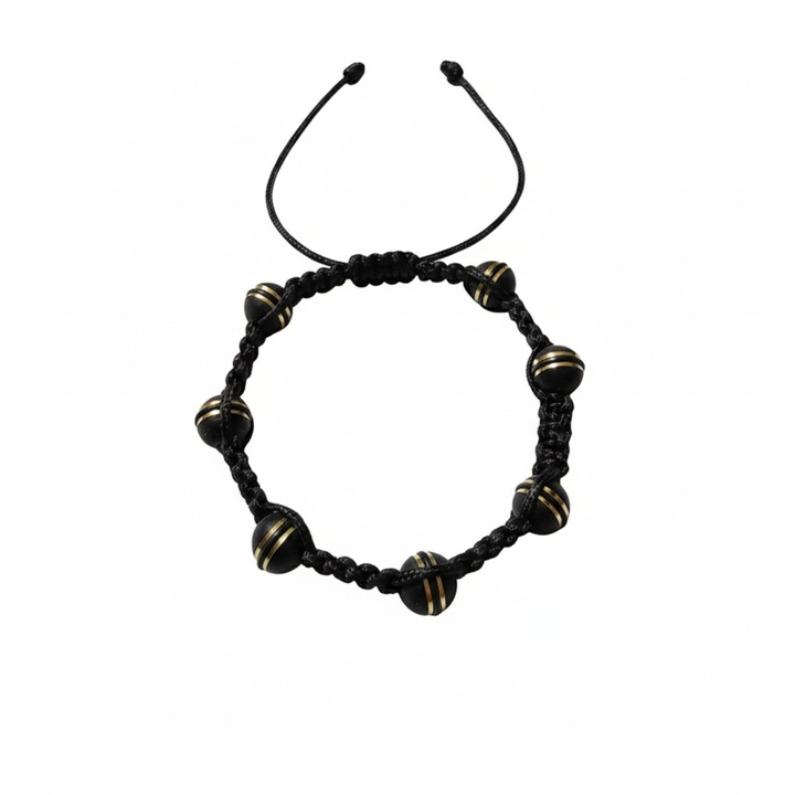 Bratara Macrame Cu Bile Din Silicon Negre Cu Insertii Aurii, LuckyLu®, Reglabila, Negru