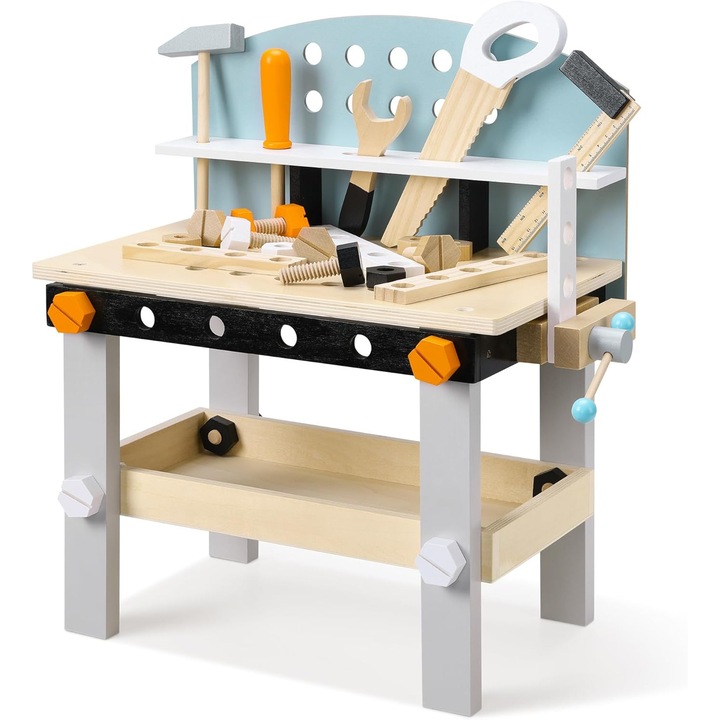 Banc de lucru Navaris, pentru copii, din MDF, 49 x 45 x 29.5 cm, unelte incluse, spatiu de depozitare, 3ani+, Multicolor
