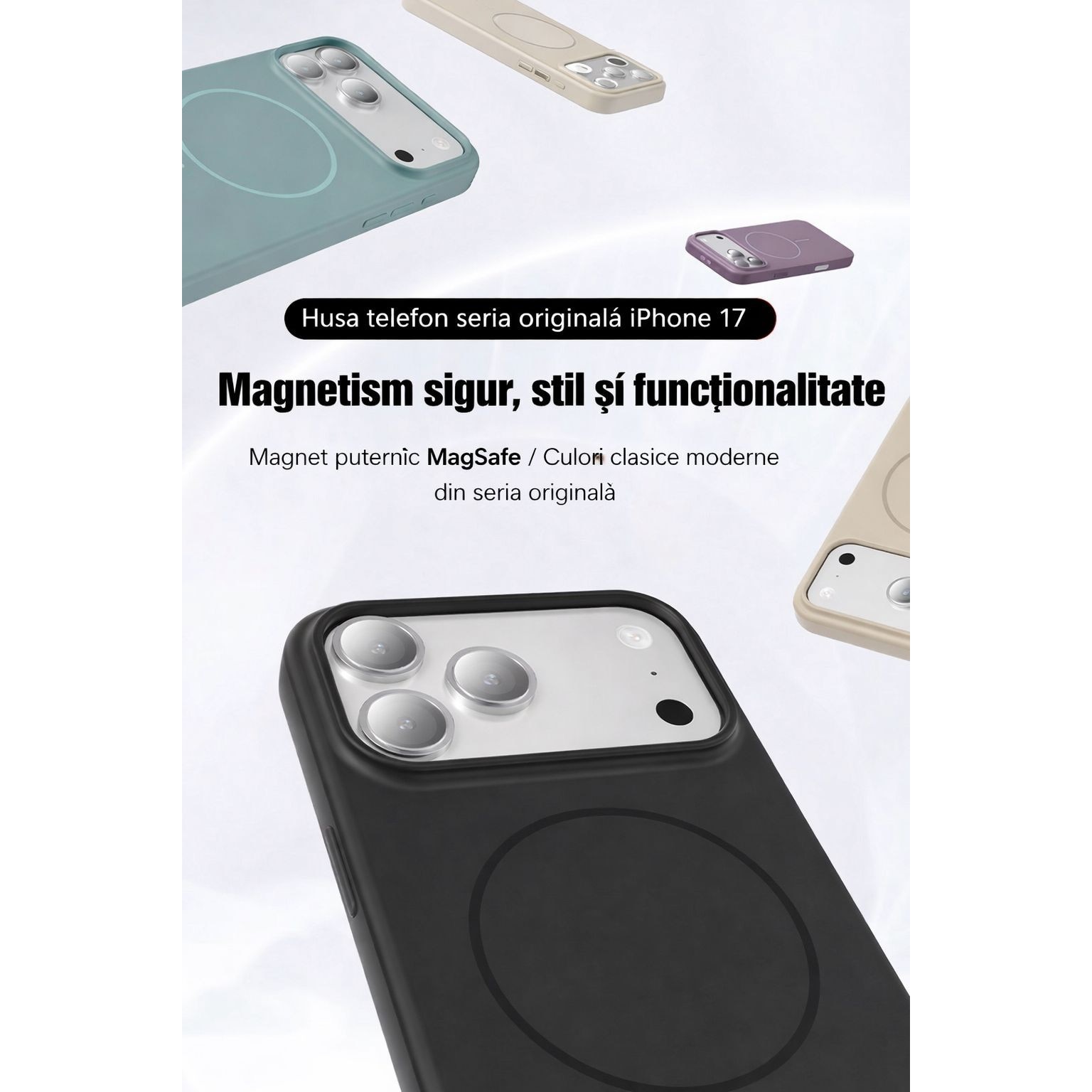 Husa pentru iPhone 17 Pro Max cu Magnet N52 Puternic, Husa MagSafe TPU + PC Anti-Soc, Protectie Camera si Ecran, Anti-Amprenta, Slim, Alb Crem