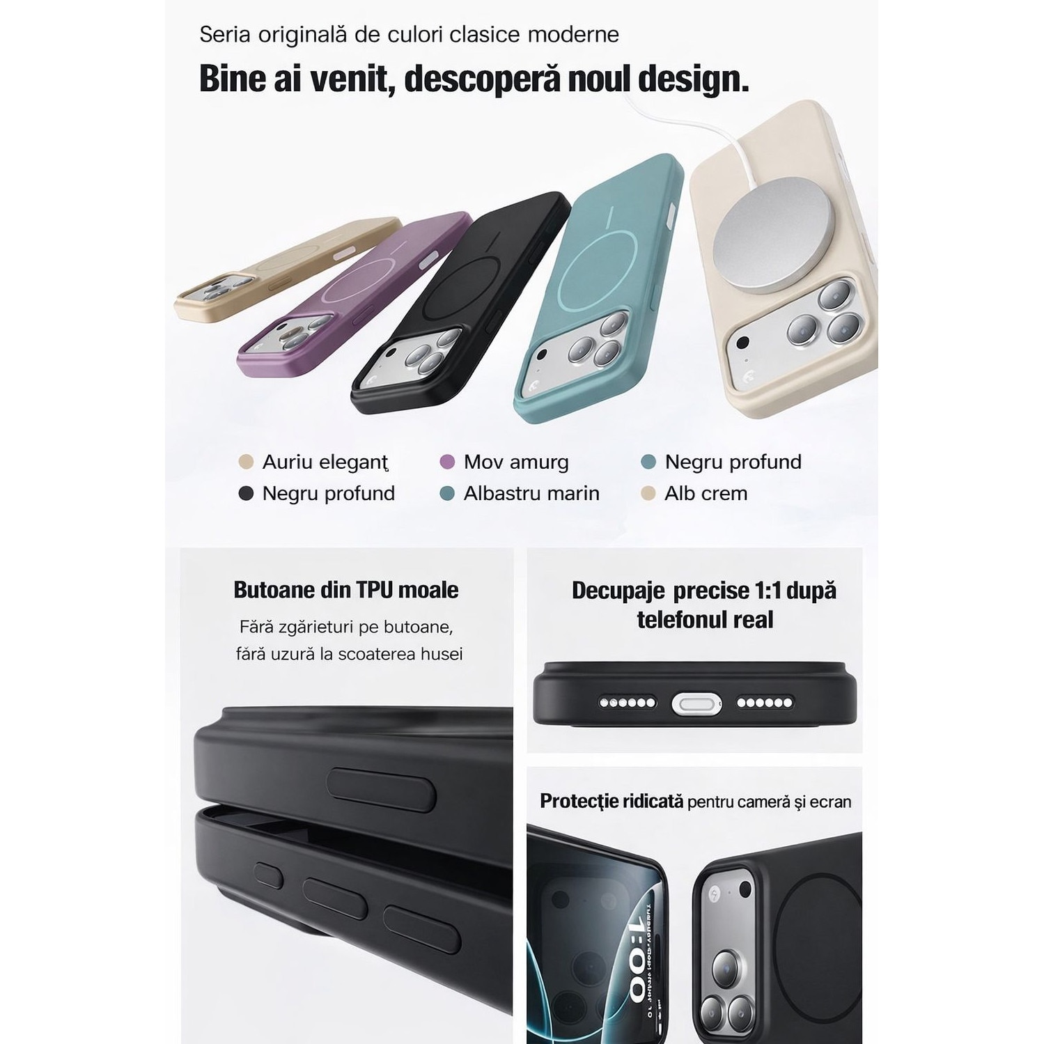 Husa pentru iPhone 17 Pro Max cu Magnet N52 Puternic, Husa MagSafe TPU + PC Anti-Soc, Protectie Camera si Ecran, Anti-Amprenta, Slim, Alb Crem