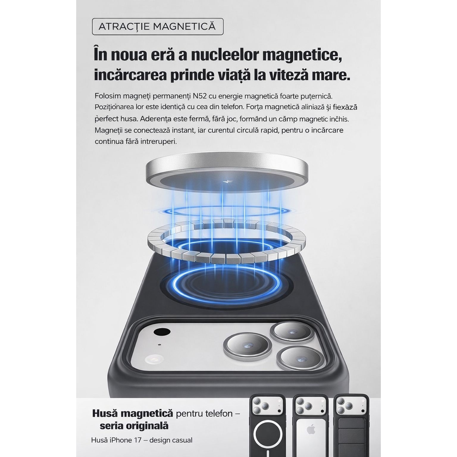 Husa pentru iPhone 17 Pro Max cu Magnet N52 Puternic, Husa MagSafe TPU + PC Anti-Soc, Protectie Camera si Ecran, Anti-Amprenta, Slim, Alb Crem