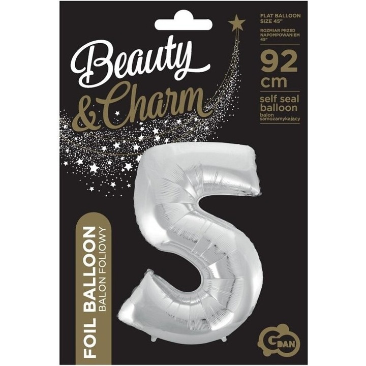 Фолиев балон цифра 5, Beauty&Charm, сребърен, 92см